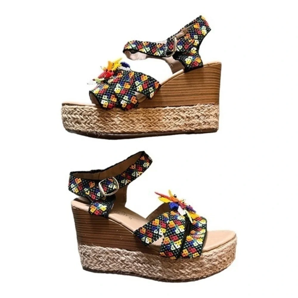 Aby y2k tropical seed beaded wedge slingback espadrilles hemp rope sandals